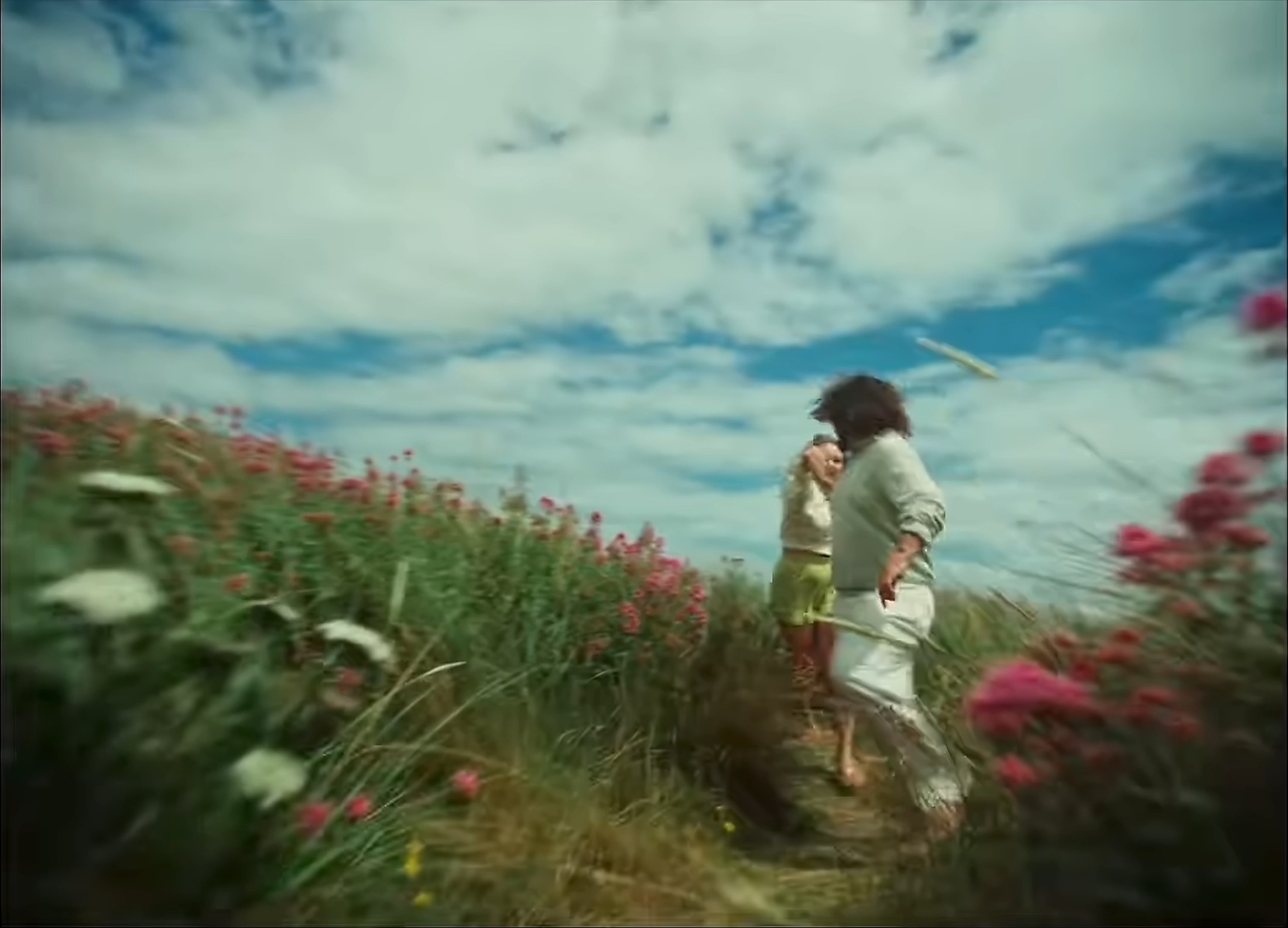 A couple standing close together on a wildflower headland under a wide, clouded sky.